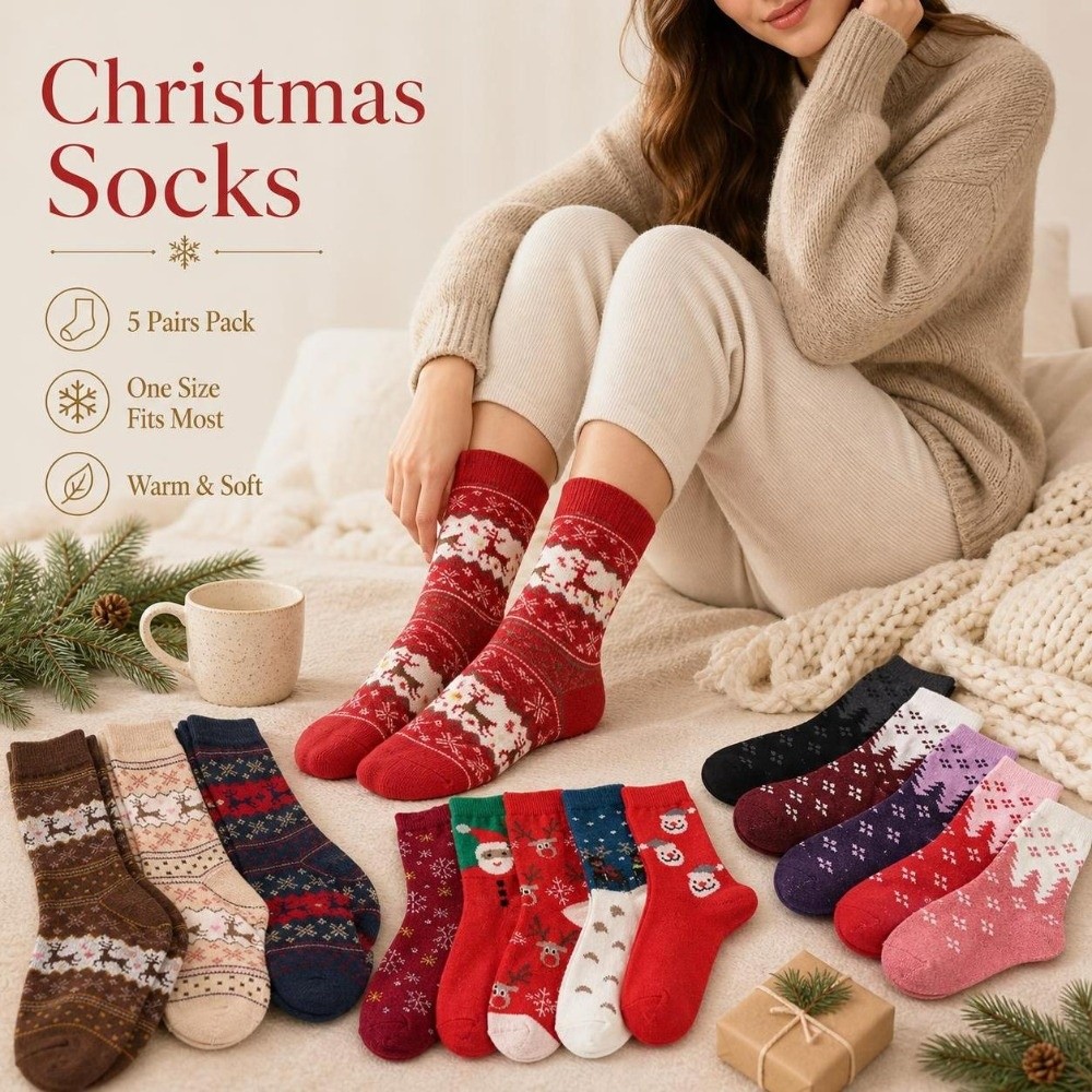Thermal Sock Wool - ถุงเท้าคริสต์มาสลายกวางเรนเดียร์แบบหนา 5 คู่ ถุงเท้าถักลายกวางนุ่มสบายสำหรับฤดูหนาว ถุงเท้าขนสัตว์ให้ความอบอุ่นระดับกลางน่อง