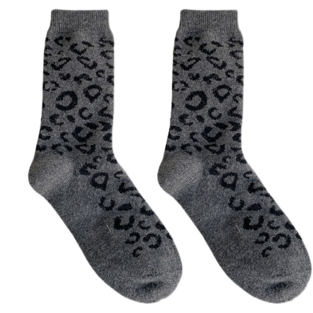 Thermal Sock Wool - ถุงเท้าขนแกะยืดหยุ่นสูง ลายเสือดาว ความยาวระดับกลาง ถุงเท้าหนาสำหรับฤดูหนาว ผ้าหนาให้ความอบอุ่น ถุงเท้าคาวาอี้