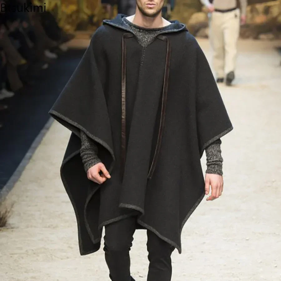 Wool Scarf Men - ใหม่2025ชายฤดูใบไม้ร่วงฤดูหนาวผ้าคลุมไหล่แจ็คเก็ตVINTAGEแห่งชาติรูปแบบพิมพ์ขนสัตว์Poncho Hooded CoatsชายหลวมCape Outwear