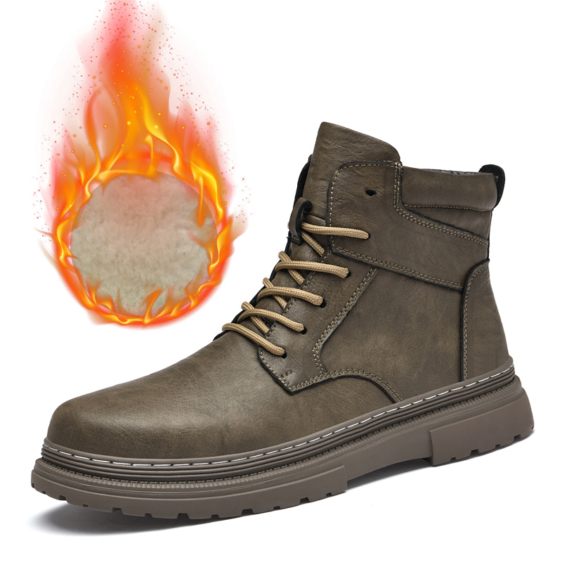 Waterproof Winter Boot - รองเท้าบูทหนังบุขนสำหรับผู้ชาย รองเท้าบูทหุ้มข้อกันน้ำ พื้นยาง เหมาะสำหรับฤดูหนาว ใส่ทำงานกลางแจ้ง สวมใส่สบาย