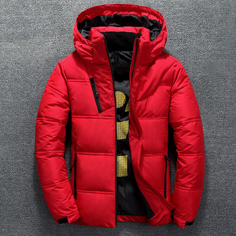 Down Jacket Packable - ฤดูหนาวผู้ชายเสื้อลำลองฤดูใบไม้ร่วงขาตั้งปลอกคอปักเป้าหนาหมวกเป็ดสีขาว Parka ชายฤดูหนาวแจ็คเก็ต Hood