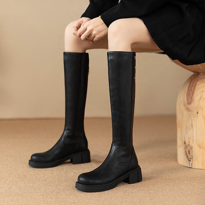 Waterproof Winter Boot - รองเท้าบูทผู้หญิงทรงสูงถึงเข่า ส้นกลาง สำหรับฤดูใบไม้ร่วงและฤดูหนาว กันน้ำ ผลิตจากหนัง PU